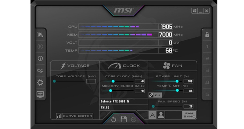 Giao diện chuẩn phong cách gaming của MSI Afterburner